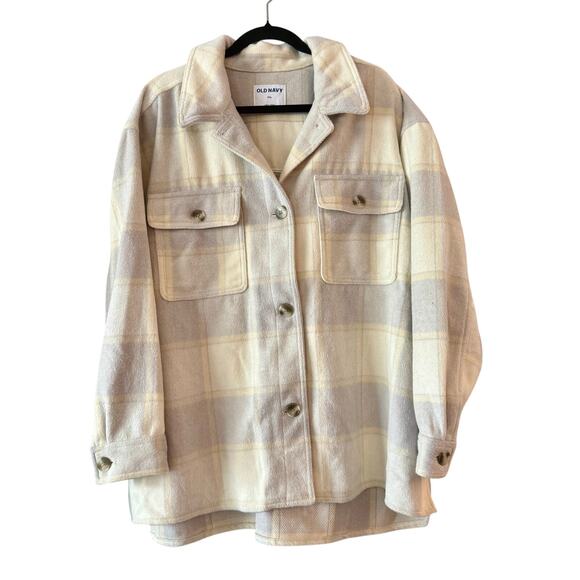 Old Navy Women 2XL Shacket Gray White Plaid Flannel Jacket Wool Blend - Picture 1 of 8